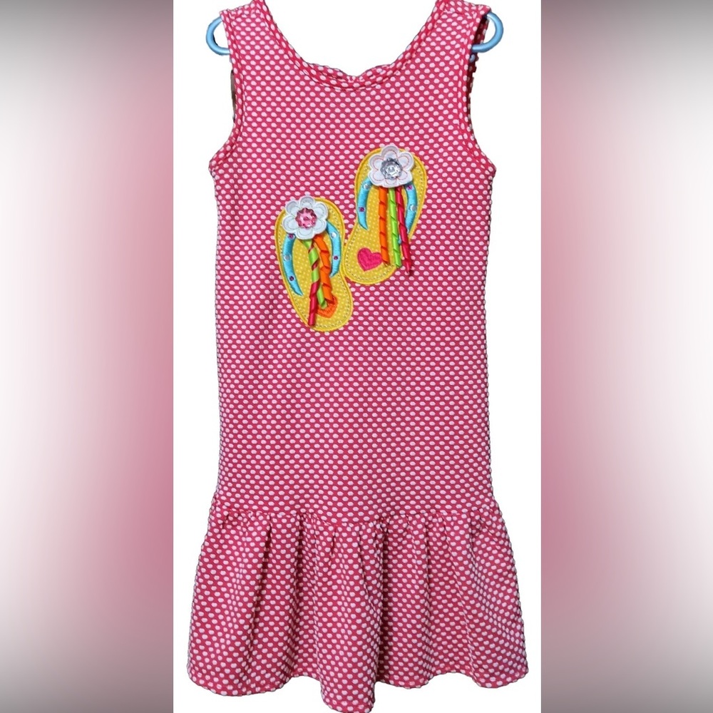 Girls Size 4 Dress Pink Polka Dot with Embroidered Flip Flops Vintage Youngland